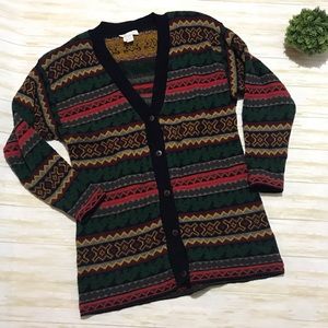 Vintage Colorful Long Line Trench Button Front Grandpa Sweater Cardigan Size XL